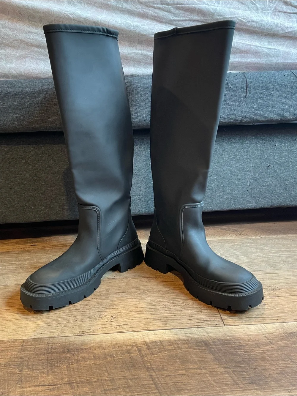Zara Black Rubber Knee High Rain Boots